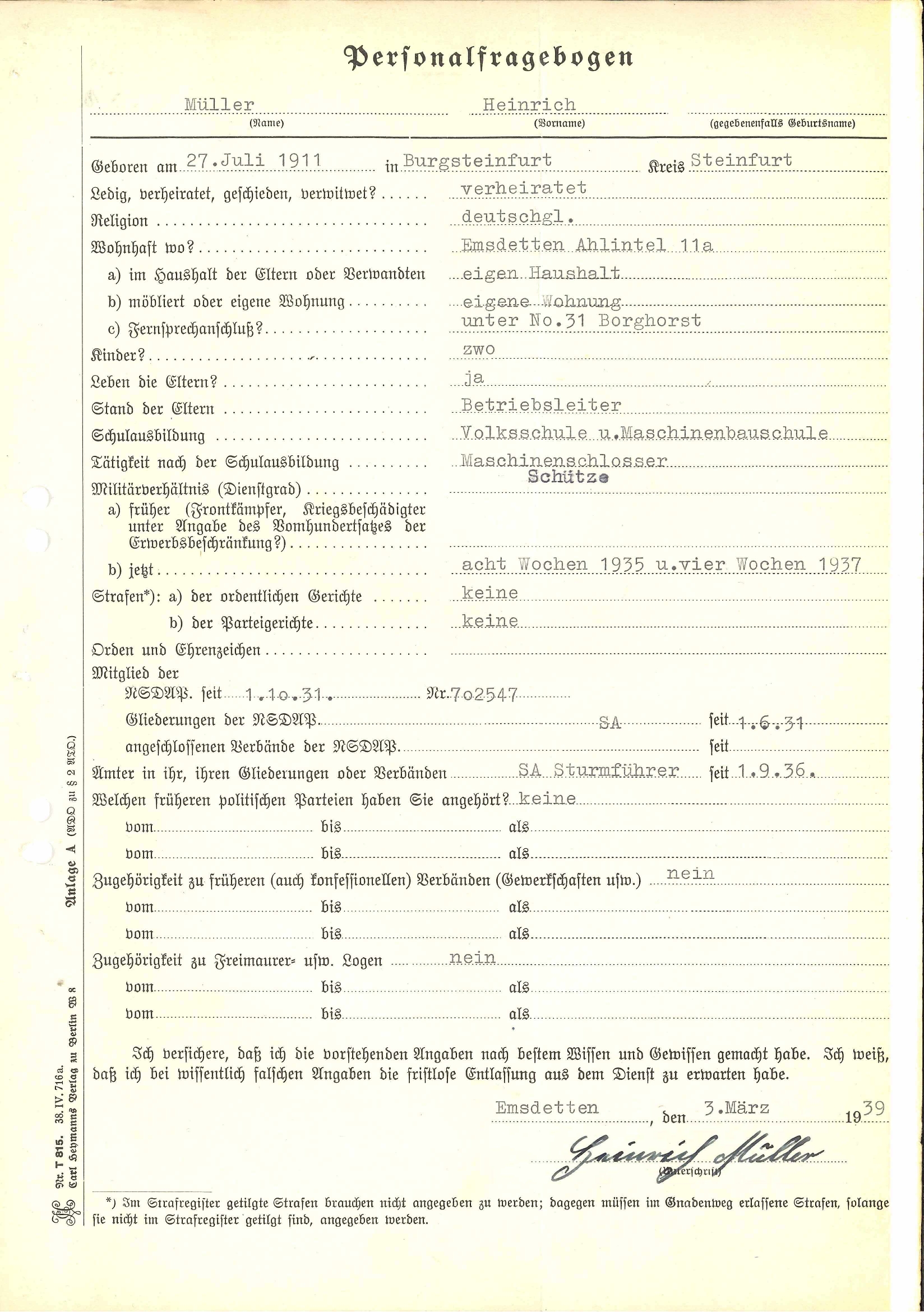 Personalbogen des Kreisbrandschauers Heinrich Müller Personalbogen des Kreisbrandschauers Heinrich Müller